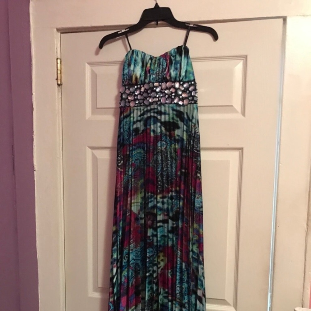 Teal and red tube top  floral evening dress